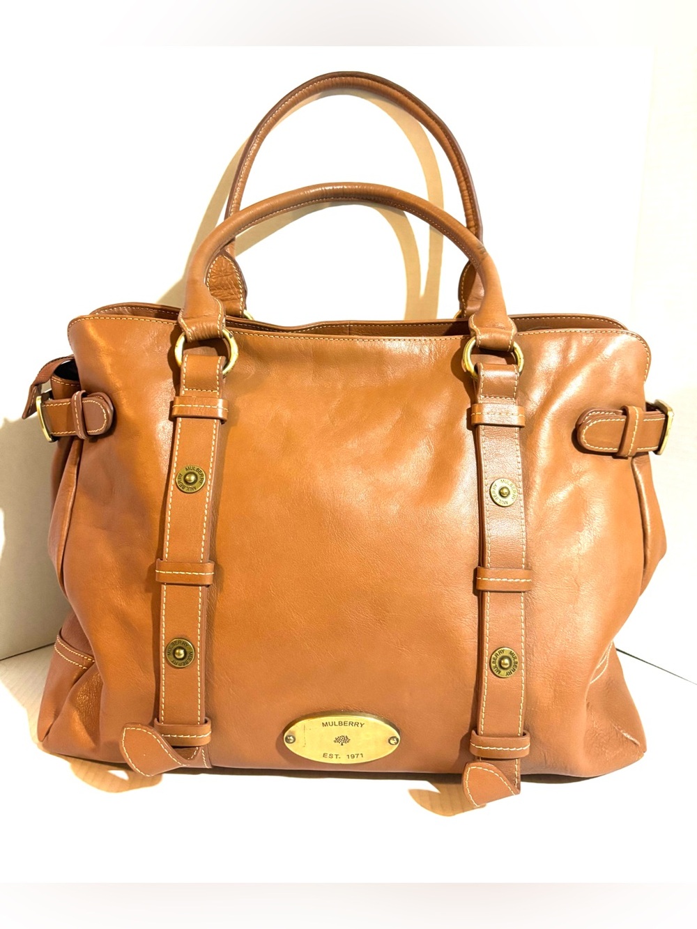 Mulberry Cognac Leather Satchel Tote with Gold Hardware
